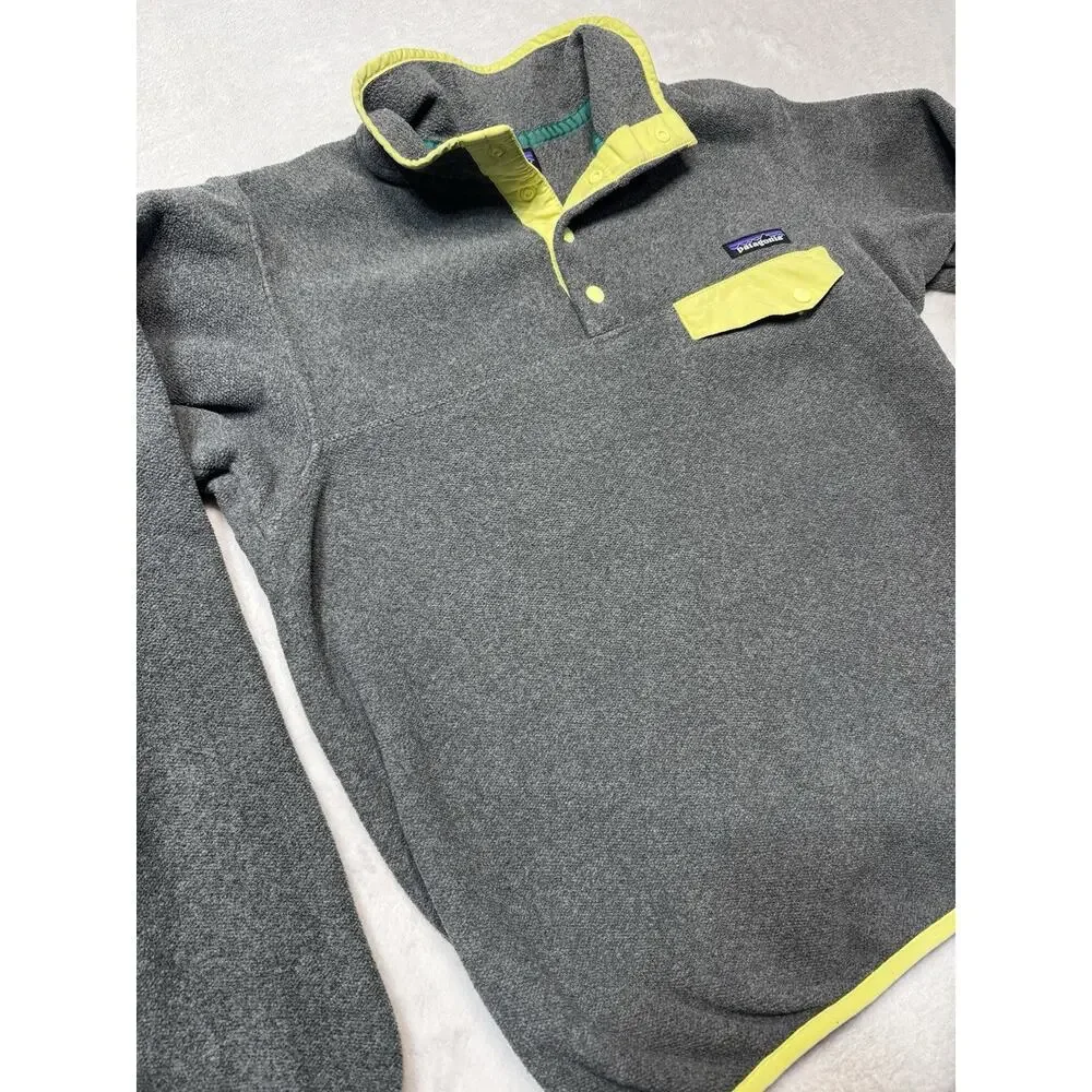 Patagonia Synchilla Chartreuse Trim Snap T Fleece Pullover Gray Women SZ S